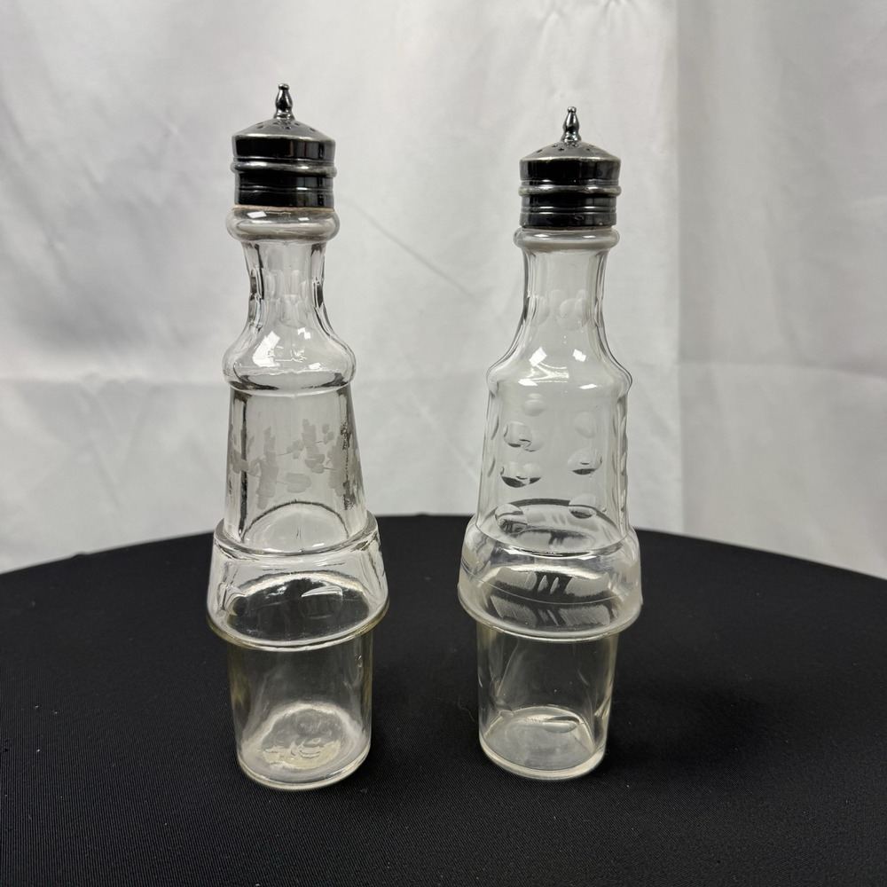 2 Vintage Condiment Cruet Castor Set Etched Glass